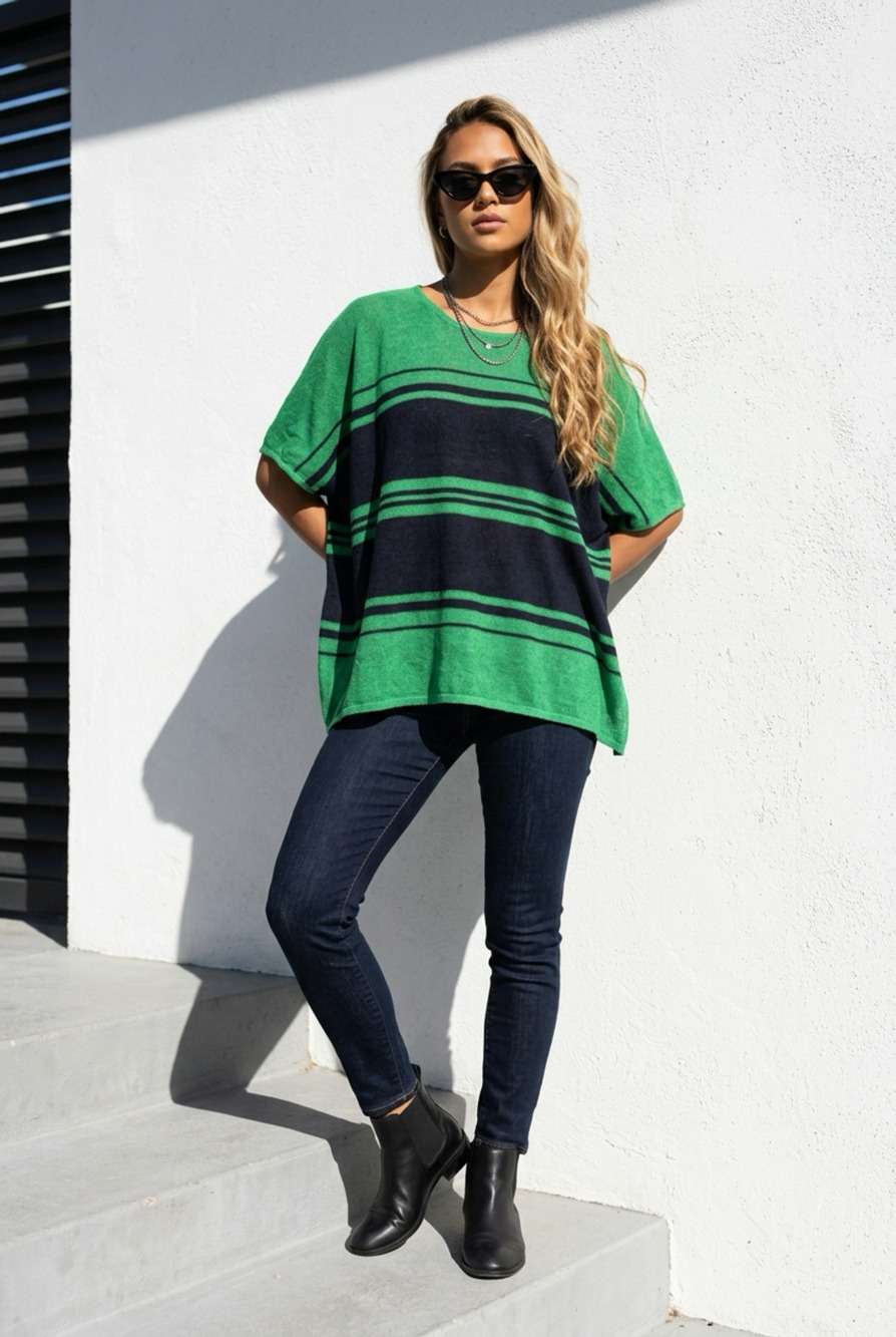 Lauren Ralph Lauren Green and Black Striped Linen Knit Top One Size